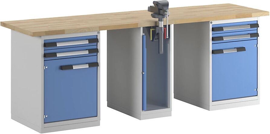 eurokraft pro Banco de trabajo, sistema modular Serie 7, 4 cajones, 2 puertas, 1 tornillo de banco en el centro, A x P 2500 x 700 mm