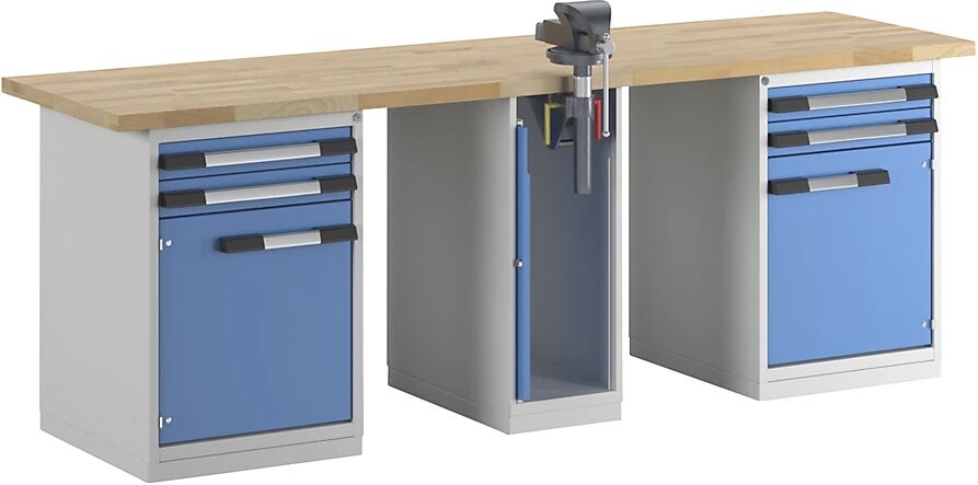 eurokraft pro Banco de trabajo, sistema modular Serie 7, 4 cajones, 2 puertas, 1 tornillo de banco en el centro, A x P 3000 x 700 mm