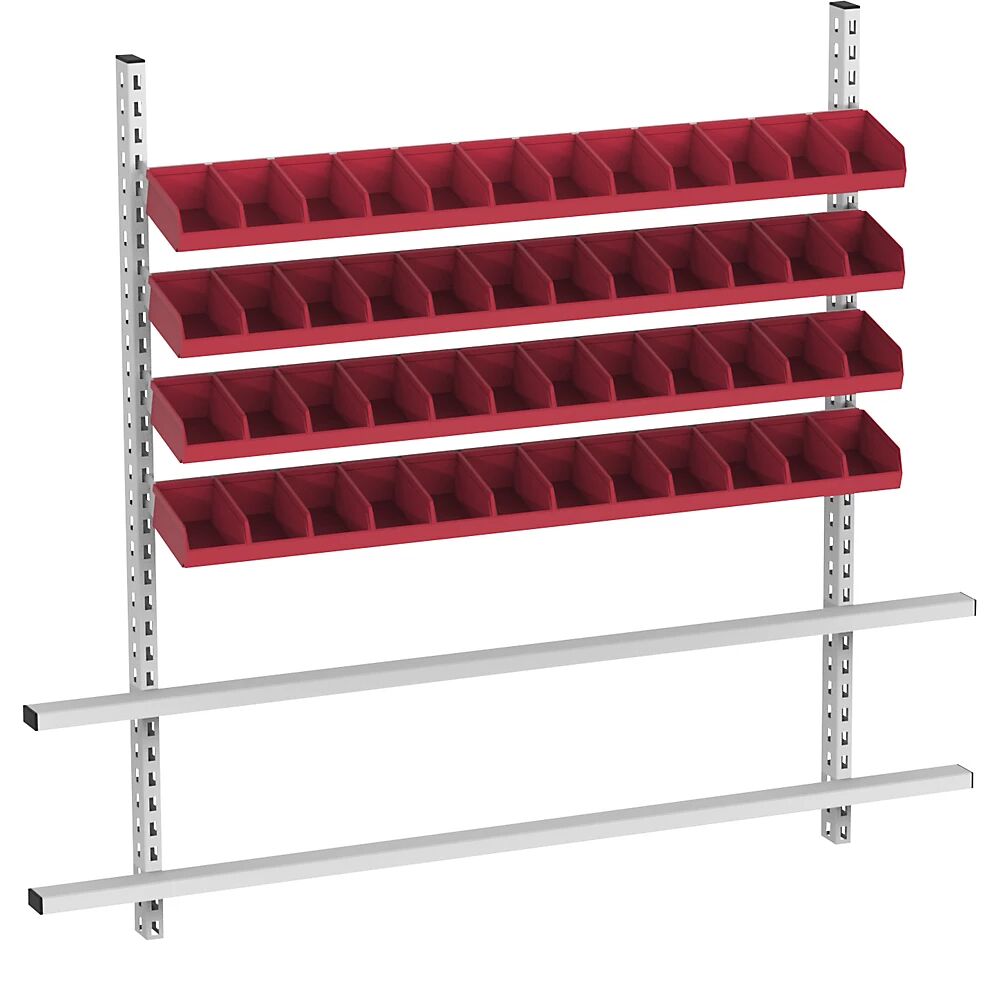 kaiserkraft Superestructura de mesa con cajas visualizables, anchura 1685 mm, 4 carriles con 48 cajas, cajas rojas