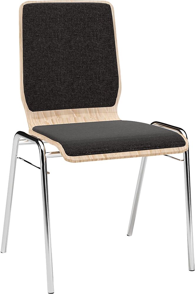 kaiserkraft Silla de carcasa de madera NUKI, acolchada, armazón cromado, UE 4 unid., acolchado negro