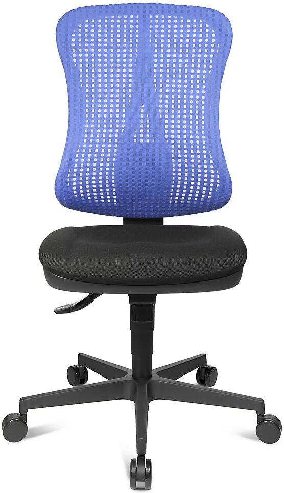 Topstar Silla giratoria ergonómica con asiento moldeado, sin brazos, asiento negro, retícula del respaldo azul