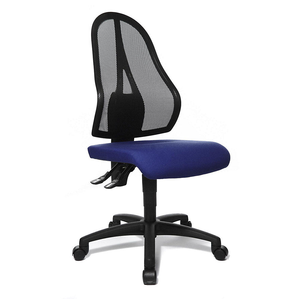 Topstar Silla giratoria de oficina OPEN POINT P, respaldo reticulado negro, sin brazos, tapizado del asiento azul real