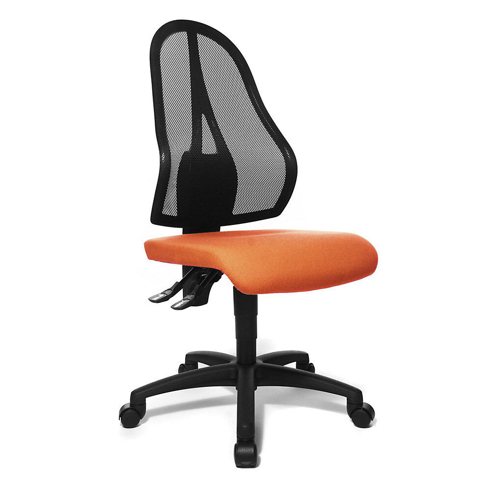 Topstar Silla giratoria de oficina OPEN POINT P, respaldo reticulado negro, sin brazos, tapizado del asiento naranja