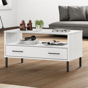 vidaXL Mesa De Centro Patas Metal Oslo Madera Maciza Blanco 85x50x45cm