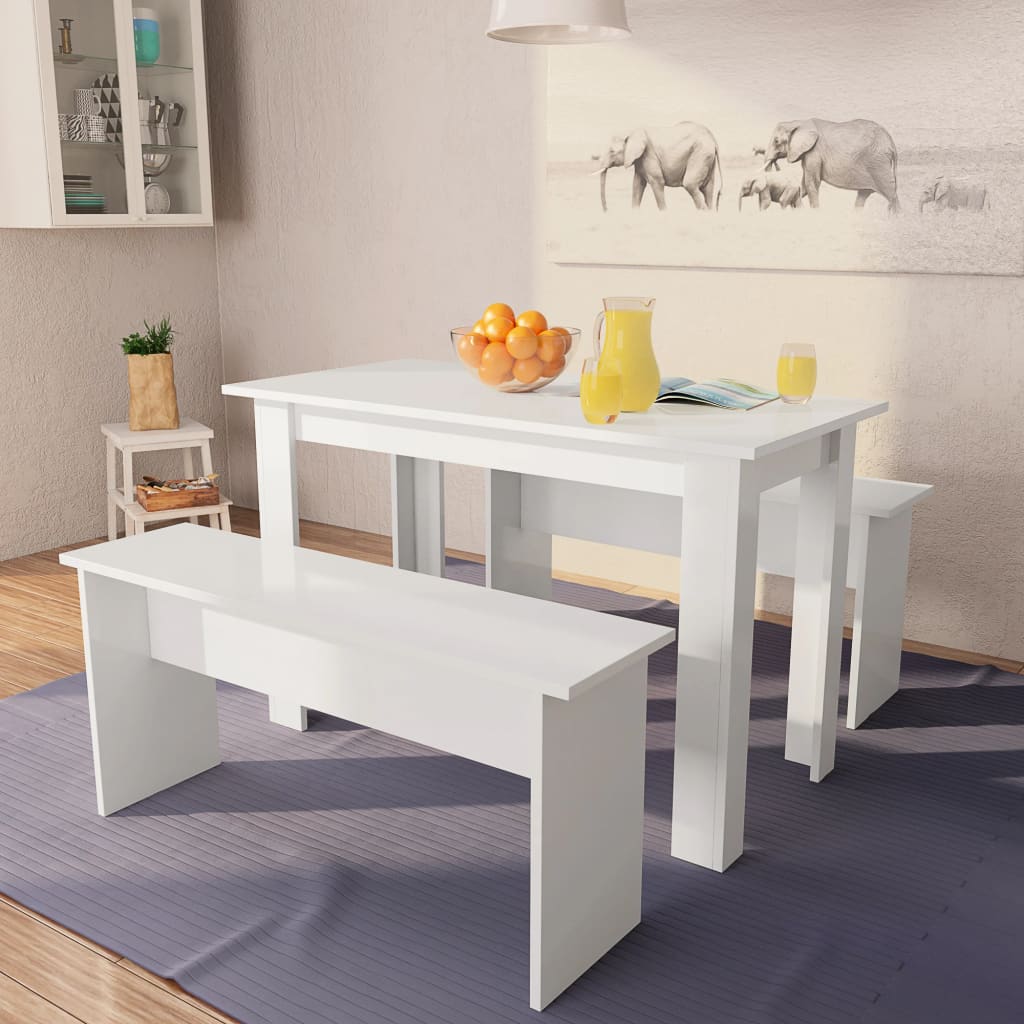 vidaXL Mesa de comedor y bancos 3 piezas madera contrachapada blanca