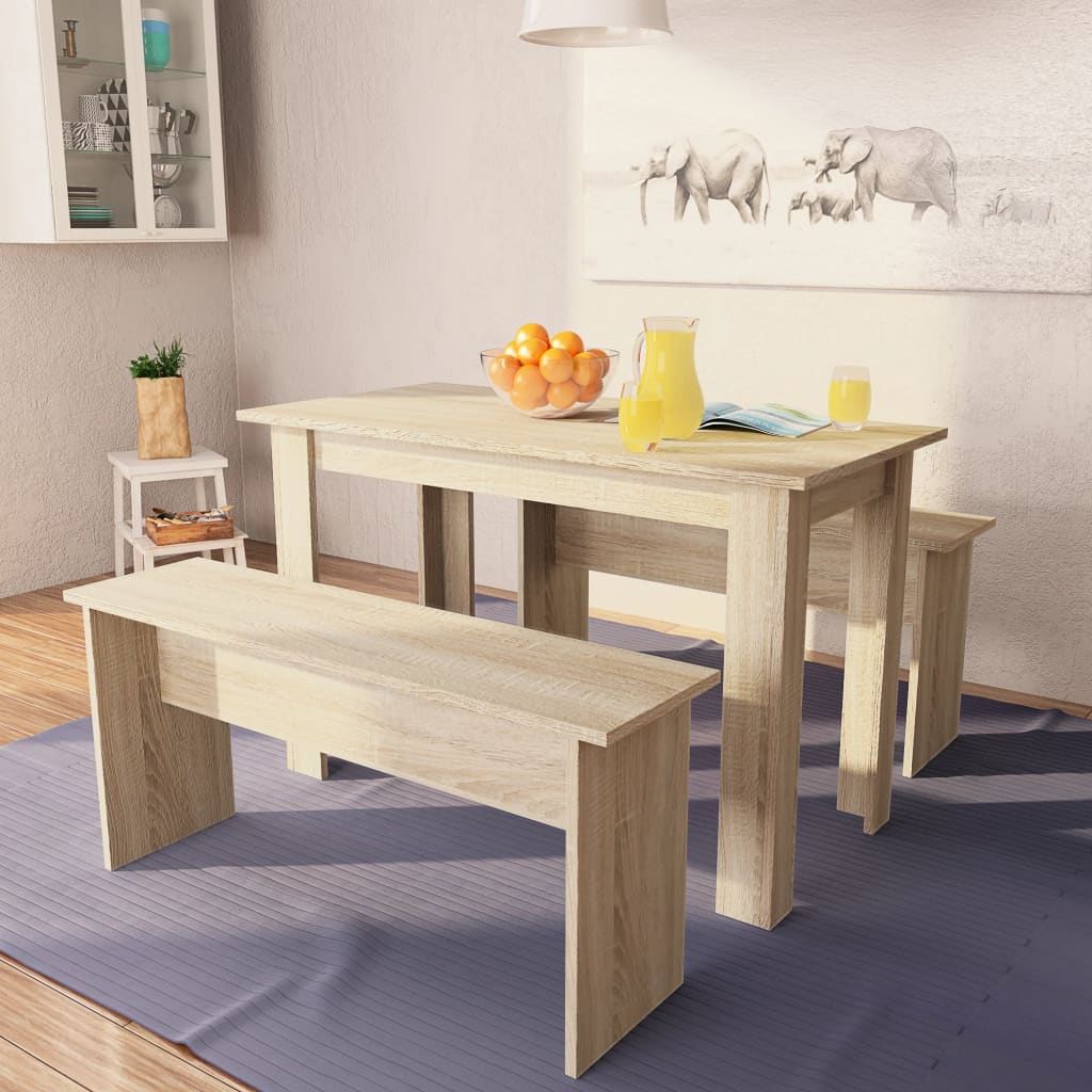 vidaXL Mesa de comedor y bancos 3 piezas madera ingeniería roble