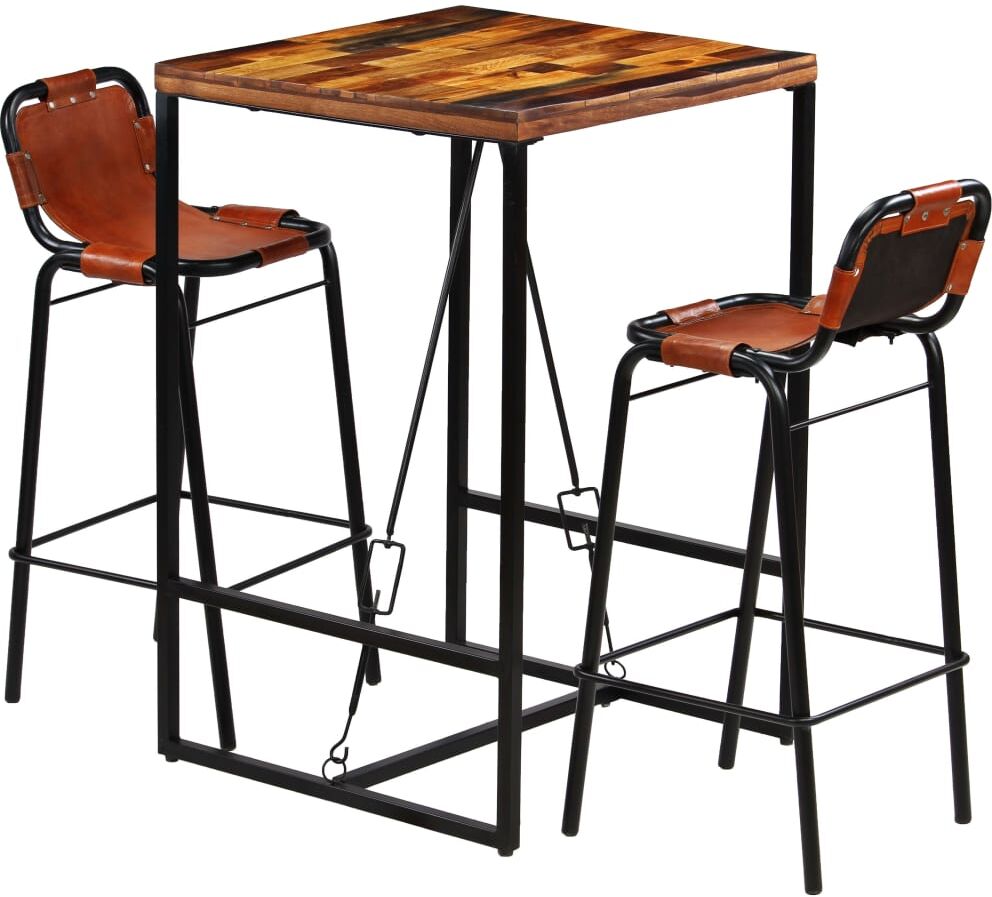 vidaXL Set muebles bar 3 pzas madera reciclada cuero cabra auténtico