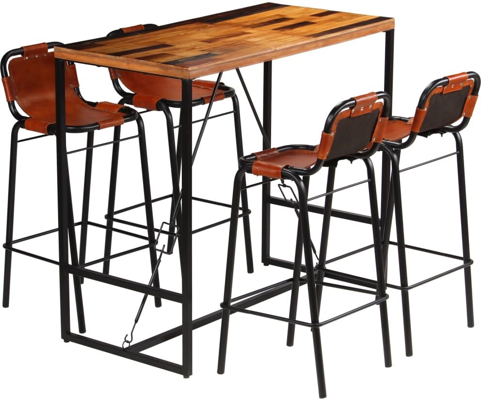 vidaXL Set muebles bar 5 pzas madera reciclada cuero cabra auténtico