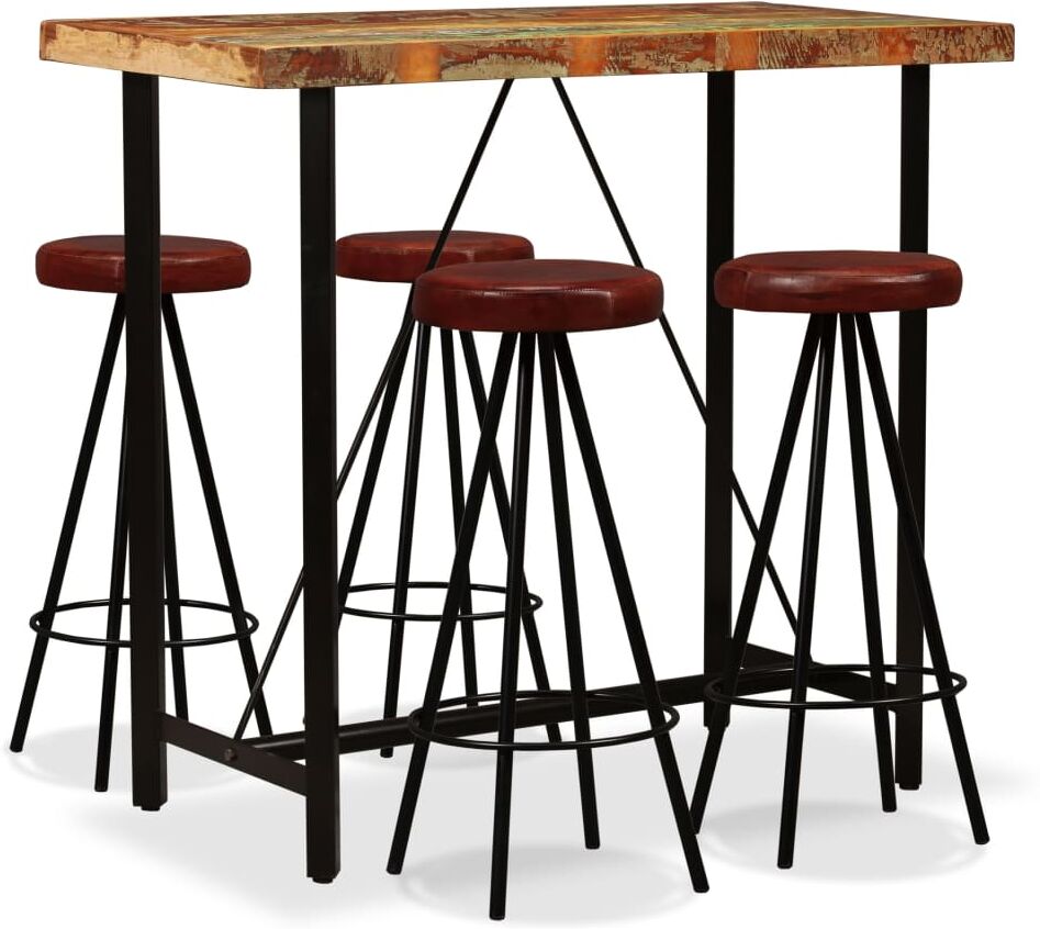 vidaXL Set muebles de bar 5 pzas madera maciza reciclada cuero genuino