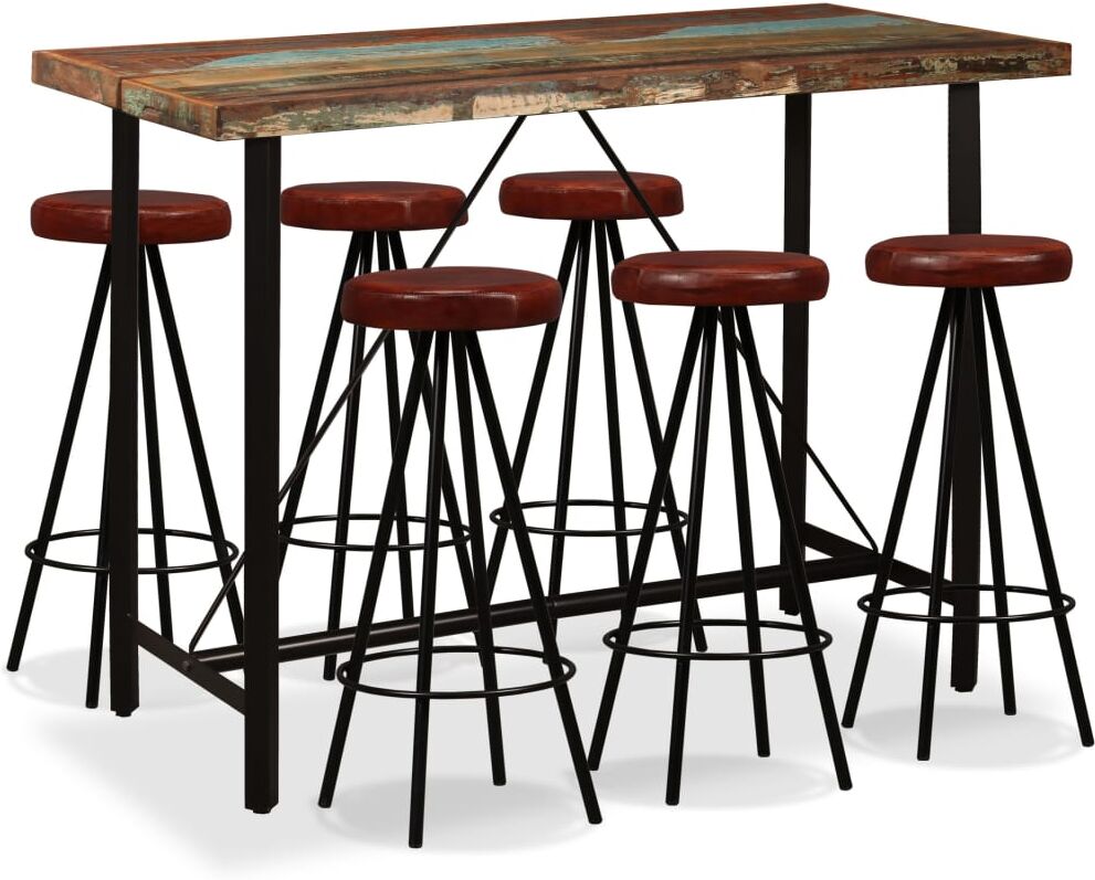 vidaXL Set muebles de bar 7 pzas madera maciza reciclada cuero genuino