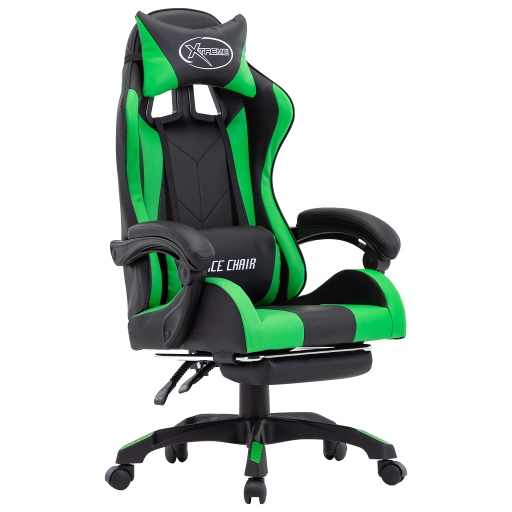 vidaXL Silla gaming con reposapiés cuero sintético verde y negro