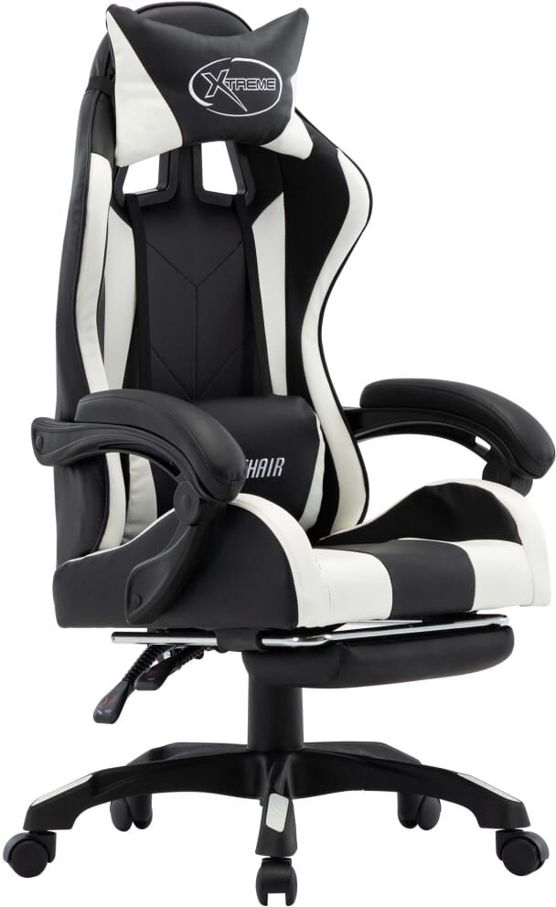 vidaXL Silla gaming con reposapiés cuero sintético blanco y negro