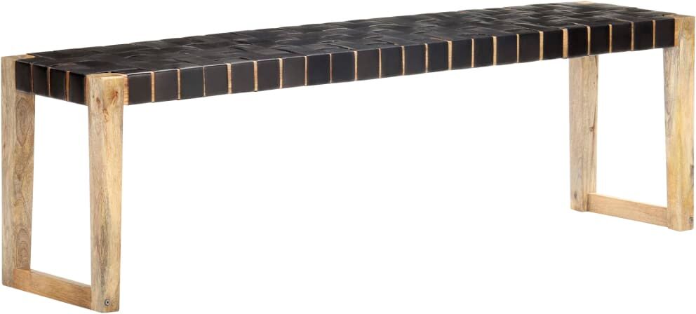 vidaXL Banco de cuero auténtico negro y madera de mango maciza 150 cm