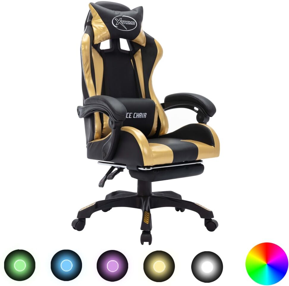 vidaXL Silla gaming con luces LED RGB cuero sintético dorado y negro