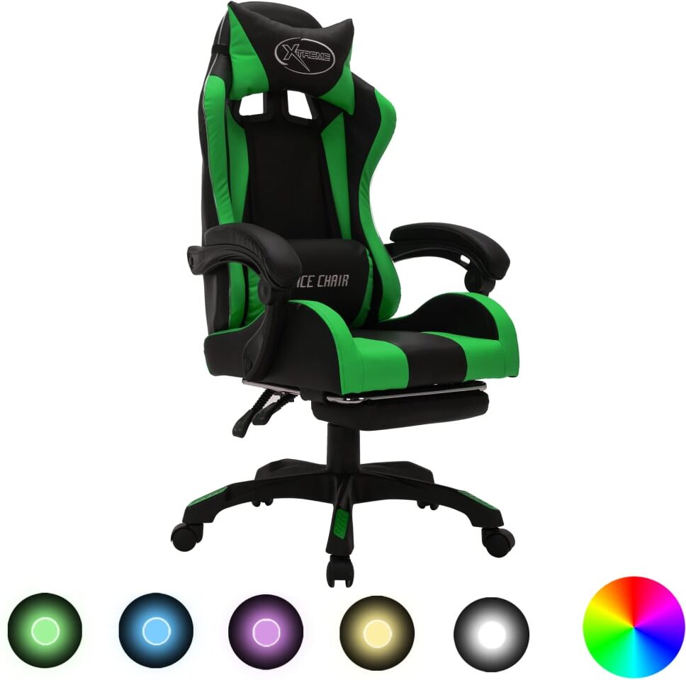 vidaXL Silla gaming con luces LED RGB cuero sintético verde y negro