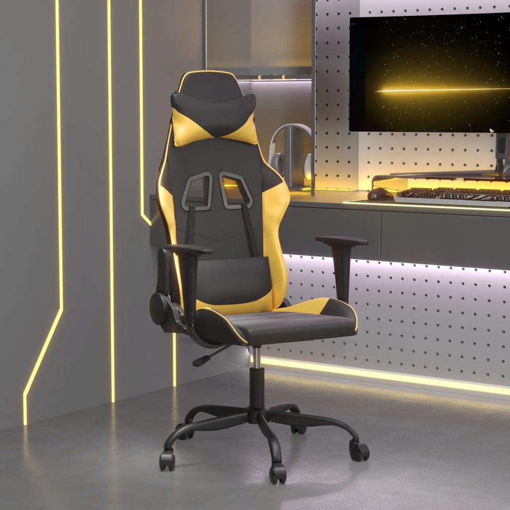 vidaXL Silla gaming de masaje cuero sintético negro y dorado