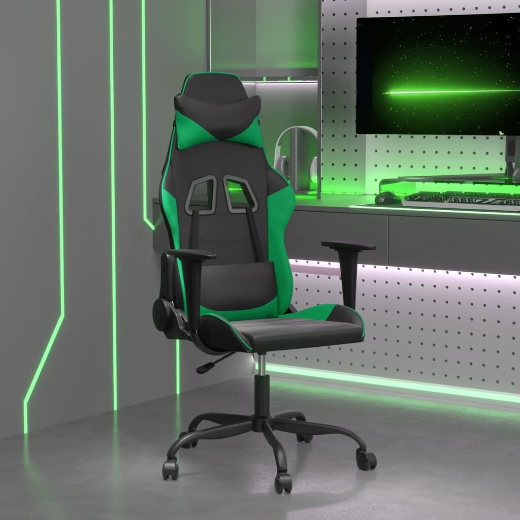 vidaXL Silla gaming de masaje cuero sintético negro y verde