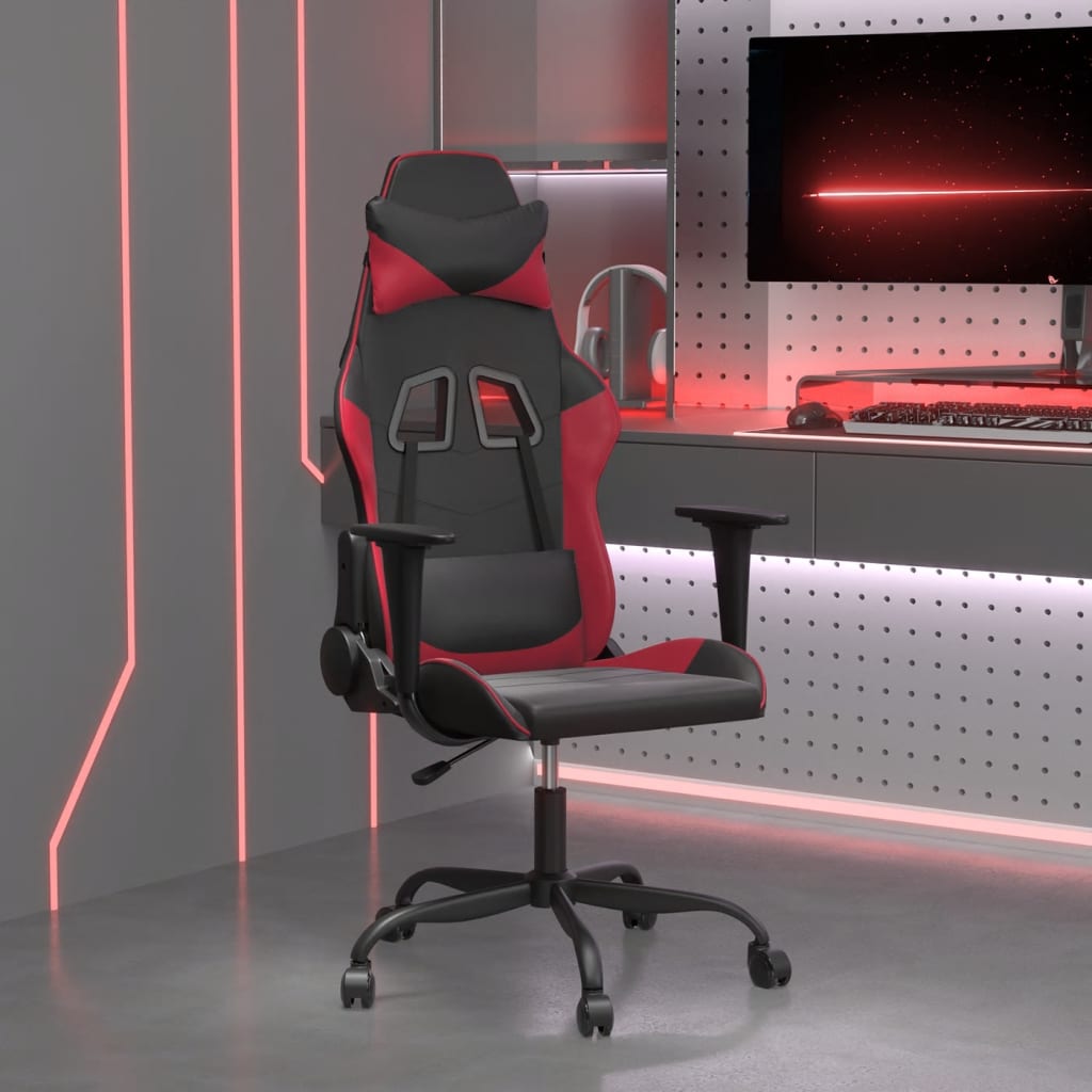 vidaXL Silla gaming de masaje cuero sintético negro y rojo vino tinto