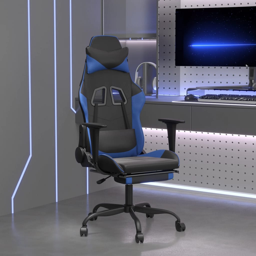 vidaXL Silla gaming de masaje y reposapiés cuero sintético negro azul