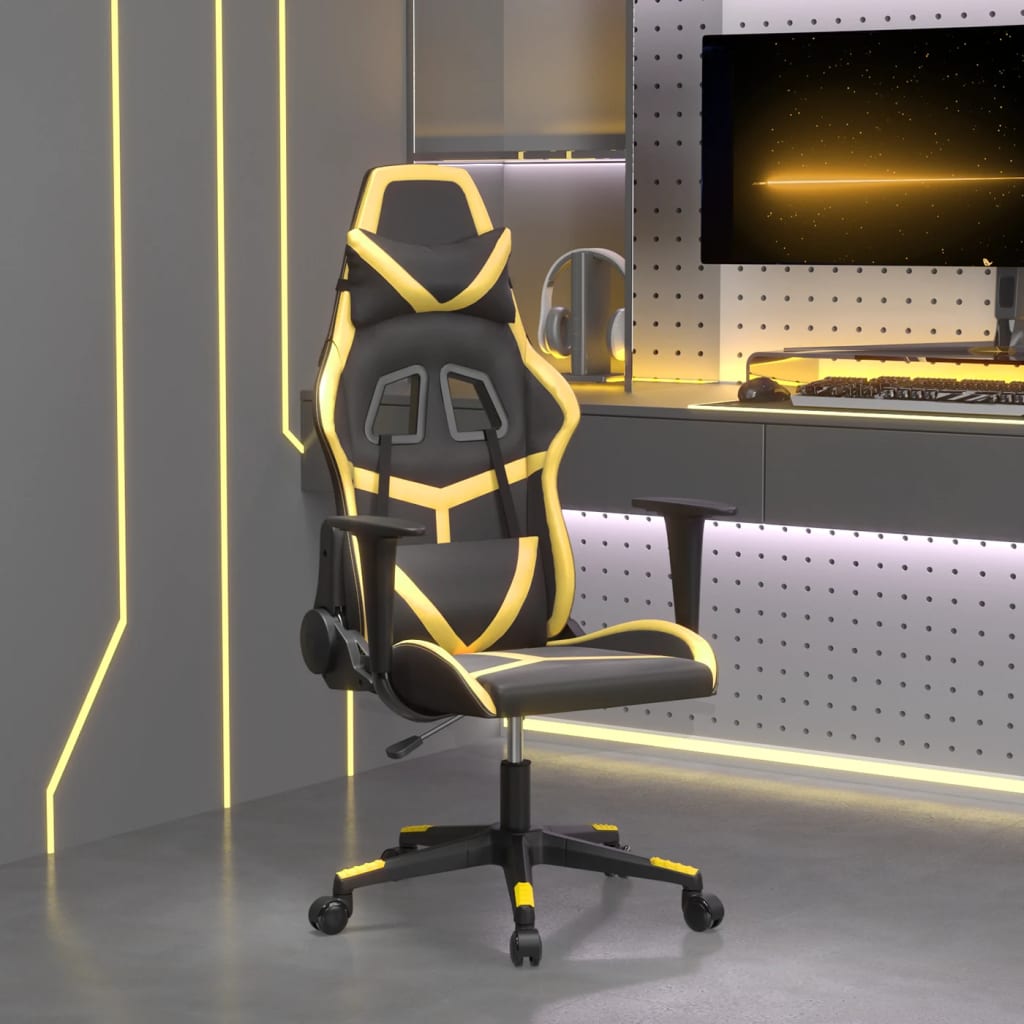 vidaXL Silla gaming de masaje cuero sintético negro y dorado