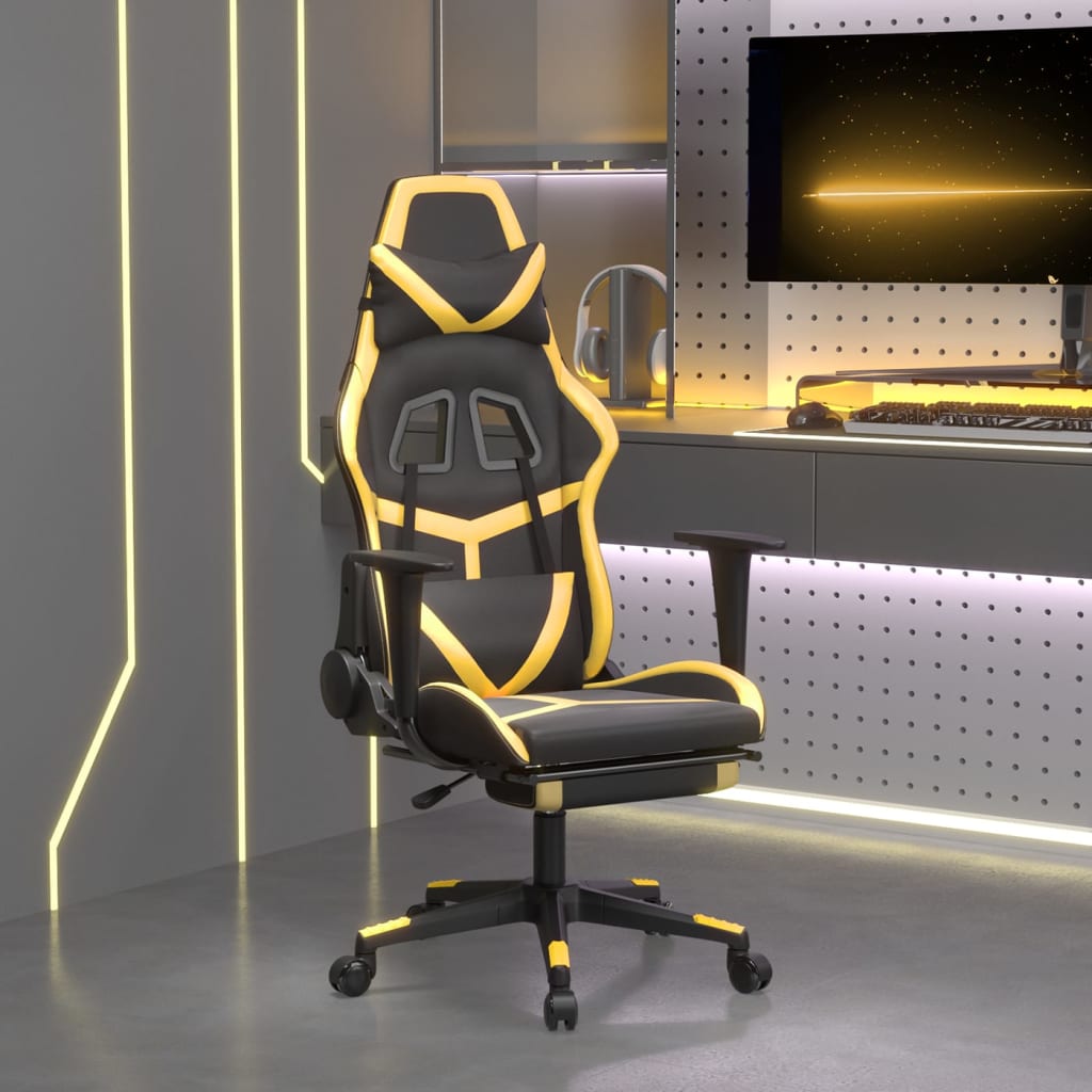 vidaXL Silla gaming masaje y reposapiés cuero sintético negro dorado