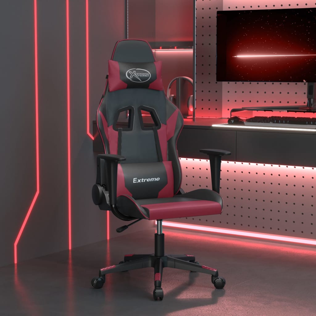 vidaXL Silla gaming de masaje cuero sintético negro y rojo vino tinto