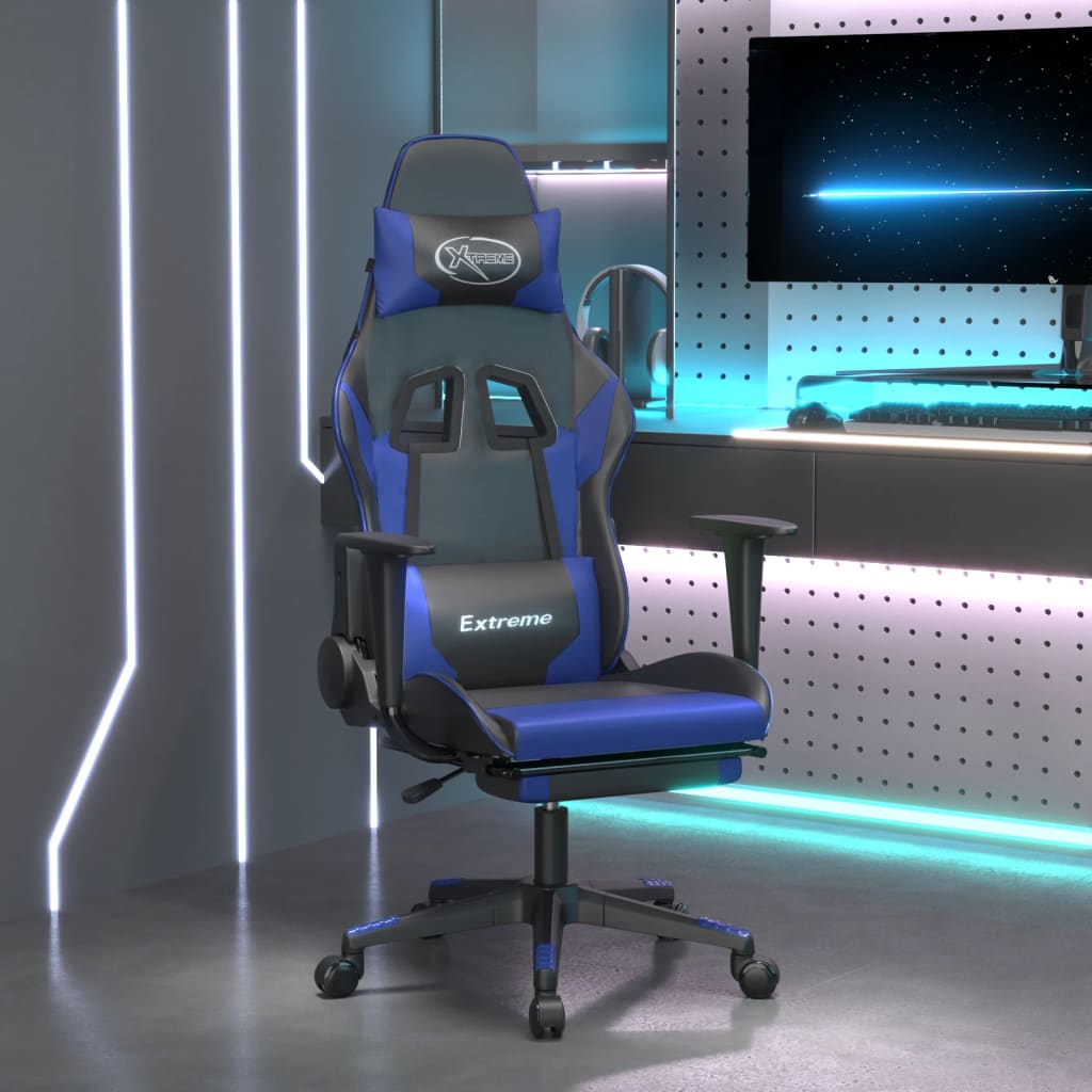 vidaXL Silla gaming de masaje y reposapiés cuero sintético negro azul