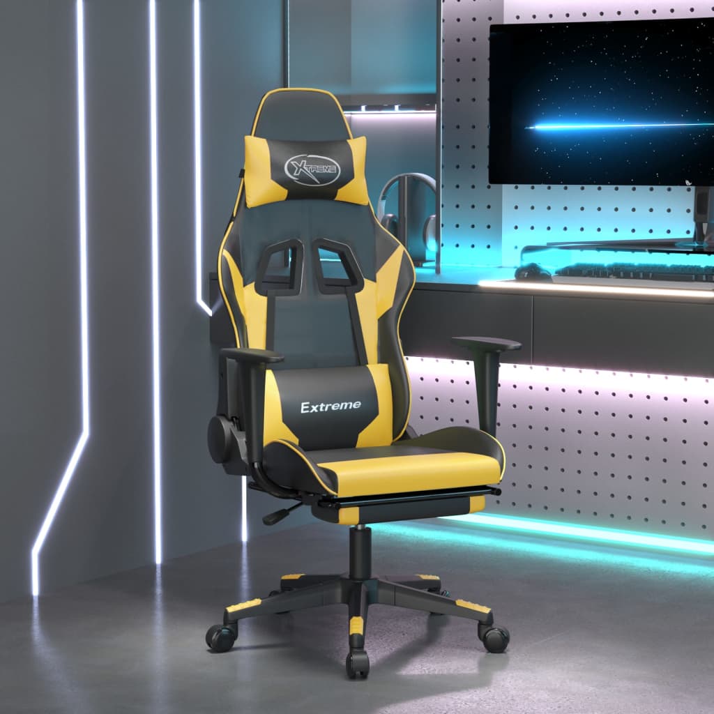 vidaXL Silla gaming masaje y reposapiés cuero sintético negro dorado