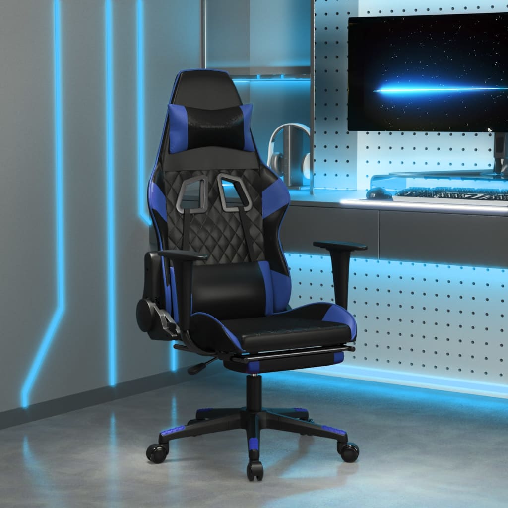 vidaXL Silla gaming de masaje y reposapiés cuero sintético negro azul