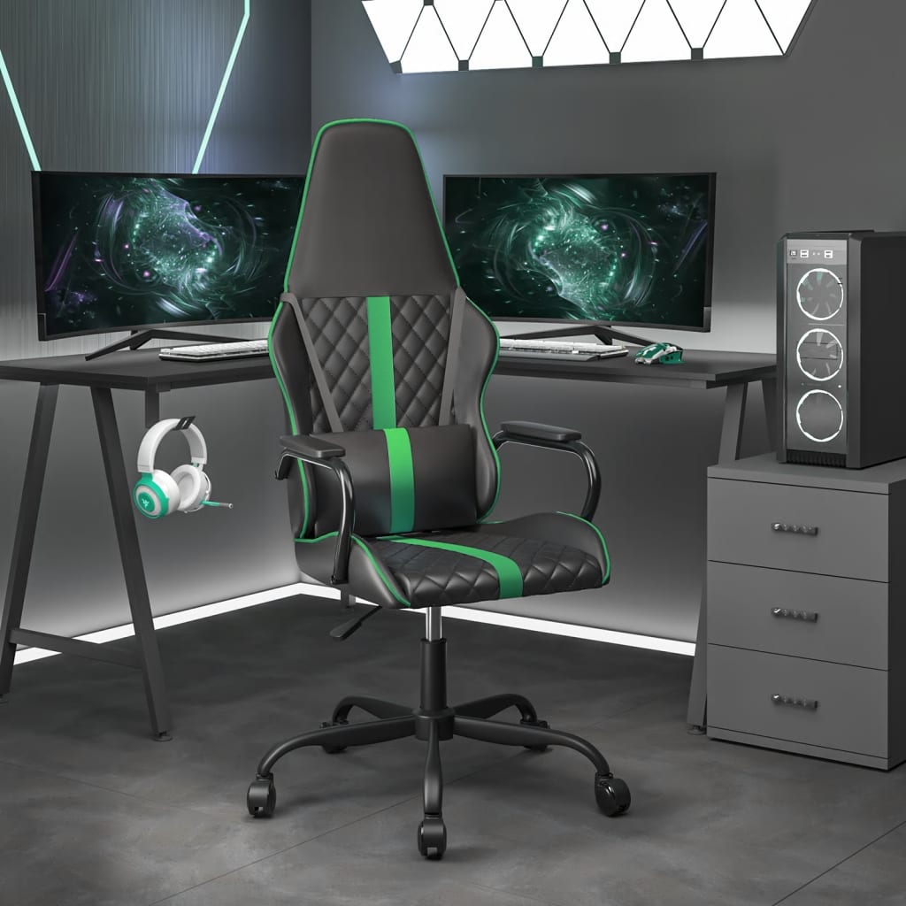 vidaXL Silla gaming con masaje cuero sintético verde y negro