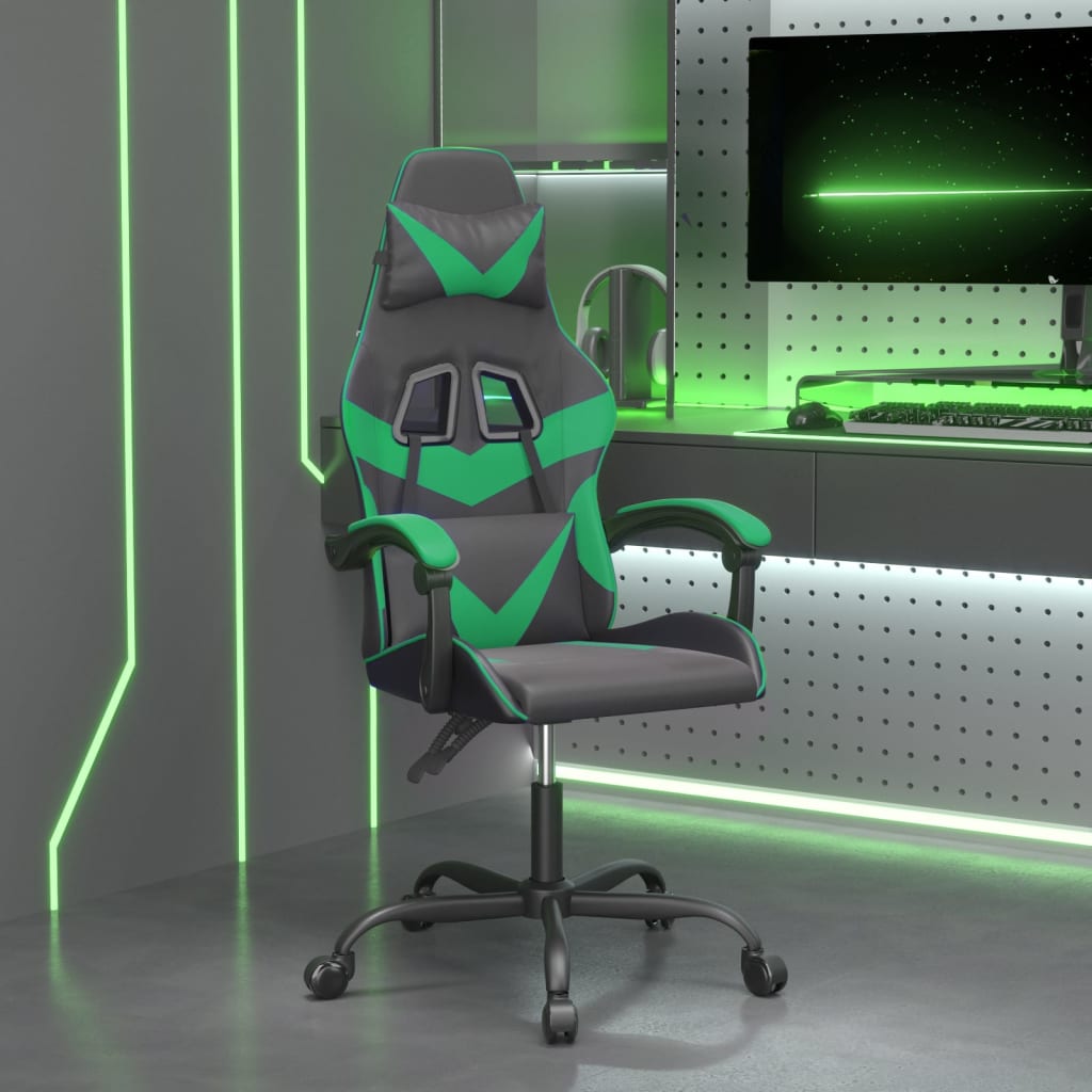 vidaXL Silla gaming giratoria cuero sintético negro y verde