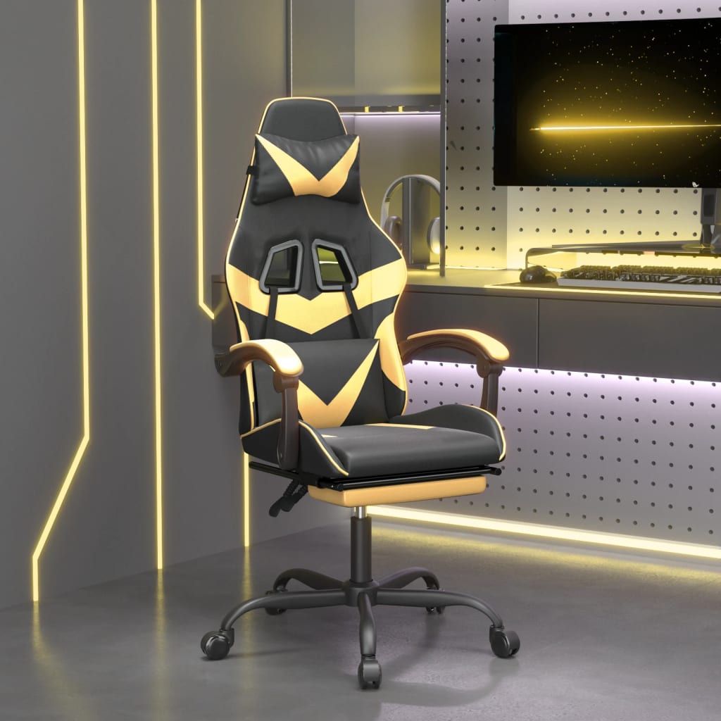 vidaXL Silla gaming giratoria reposapiés cuero sintético negro dorado