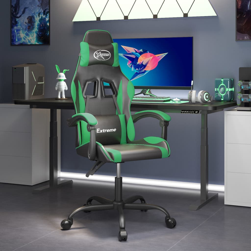 vidaXL Silla gaming giratoria cuero sintético negro y verde