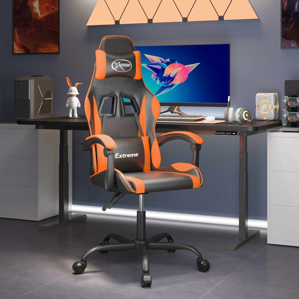 vidaXL Silla gaming giratoria cuero sintético negro y naranja