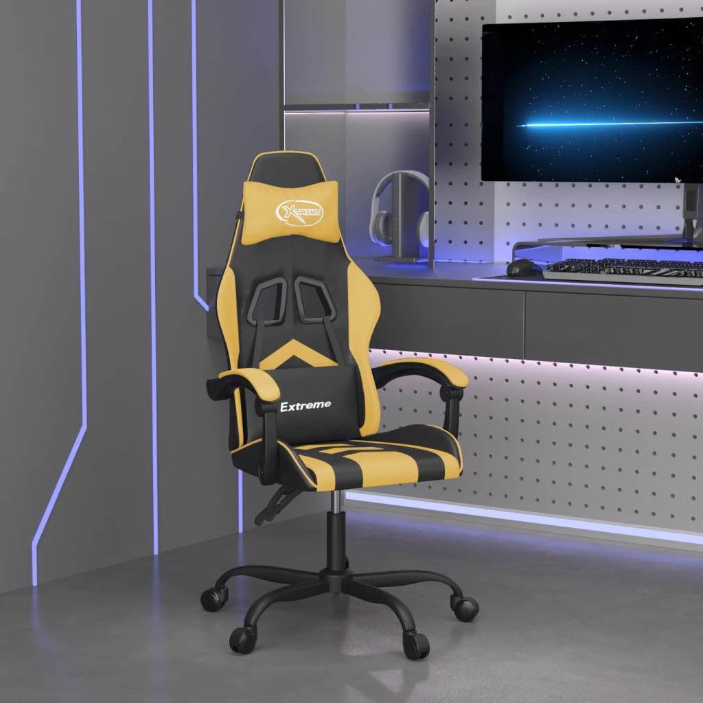 vidaXL Silla gaming giratoria cuero sintético negro y dorado