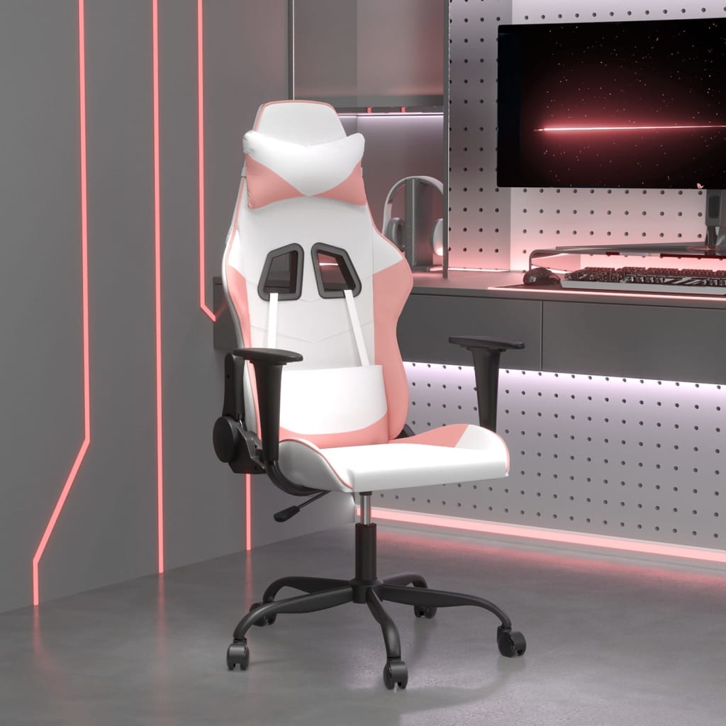 vidaXL Silla gaming cuero sintético blanco y rosa