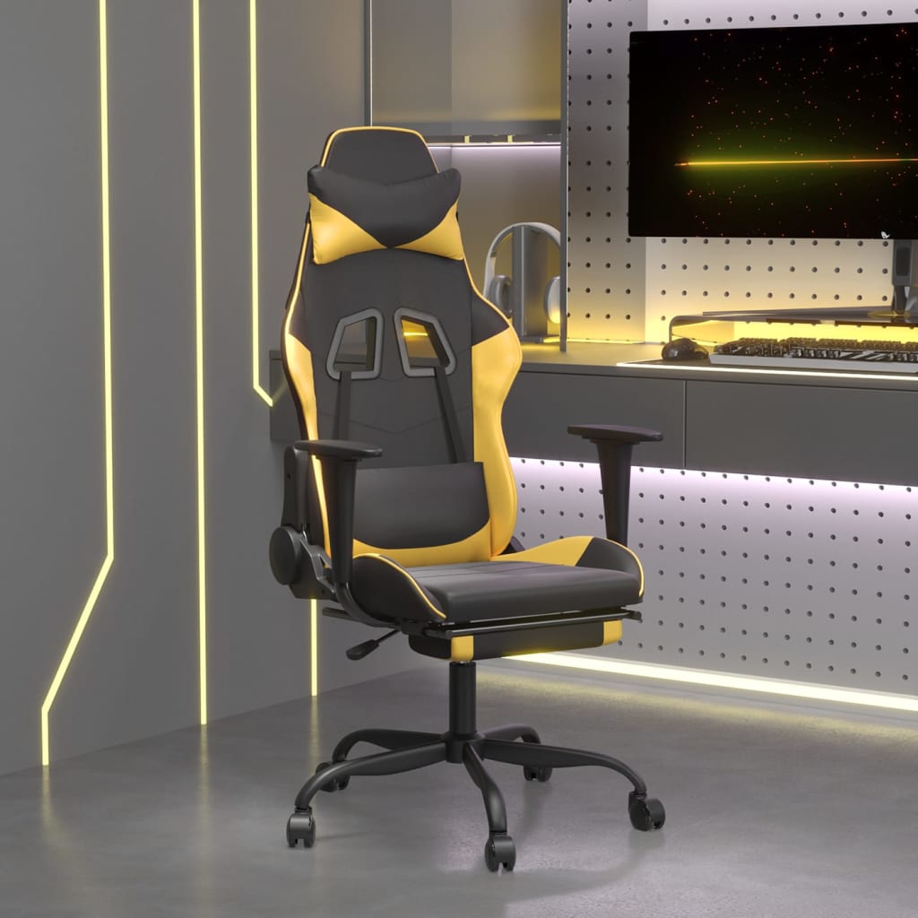 vidaXL Silla gaming con reposapiés cuero sintético negro dorado