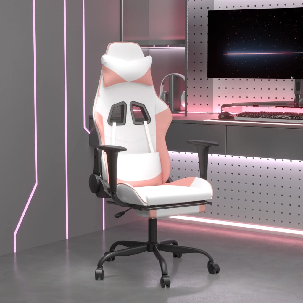 vidaXL Silla gaming con reposapiés cuero sintético blanco y rosa