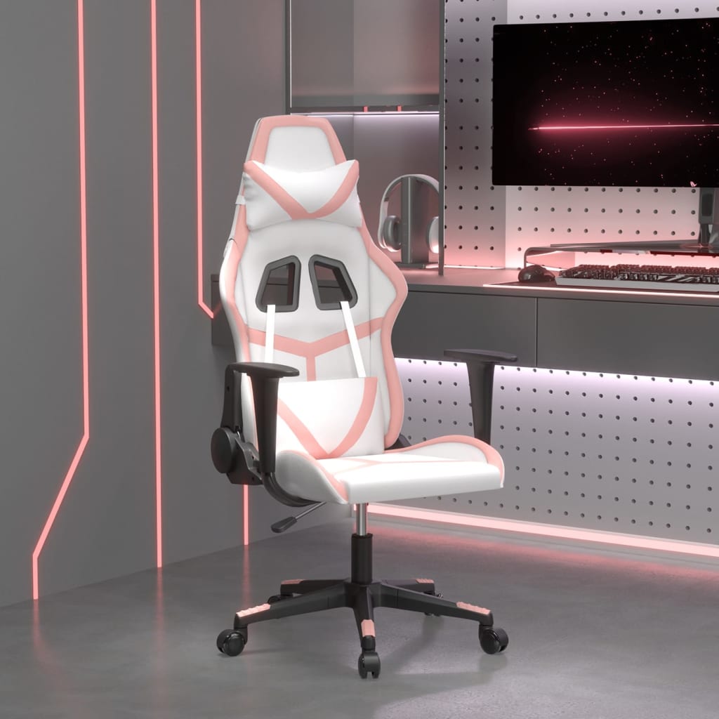 vidaXL Silla gaming cuero sintético blanco y rosa