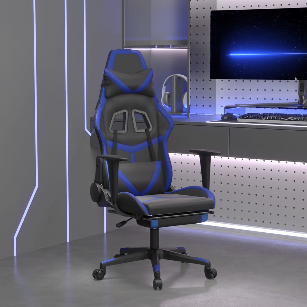 vidaXL Silla gaming con reposapiés cuero sintético negro azul