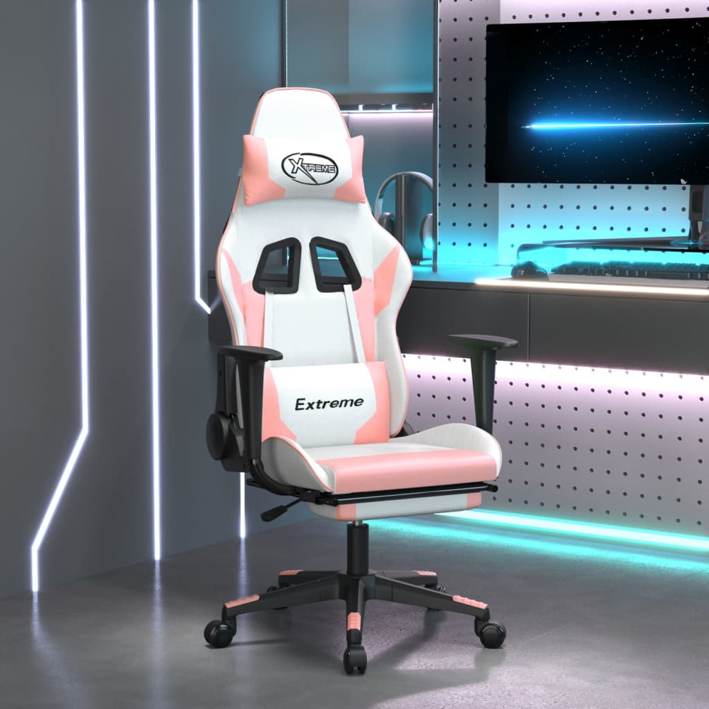 vidaXL Silla gaming con reposapiés cuero sintético blanco y rosa