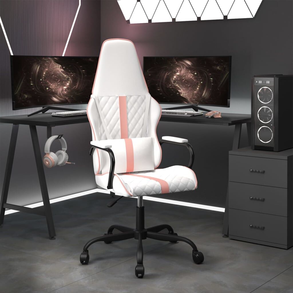 vidaXL Silla gaming cuero sintético blanco y rosa