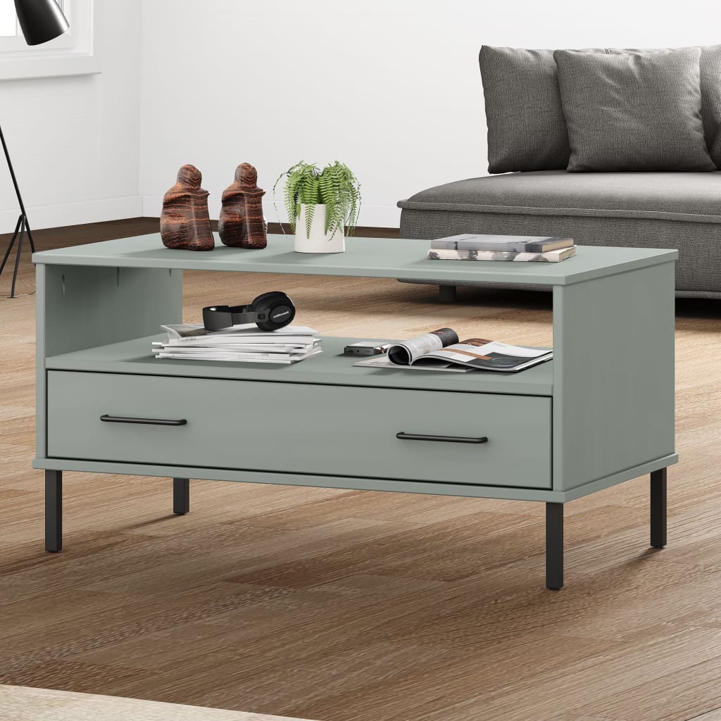 vidaXL Mesa de centro patas metal OSLO madera maciza gris 85x50x45 cm