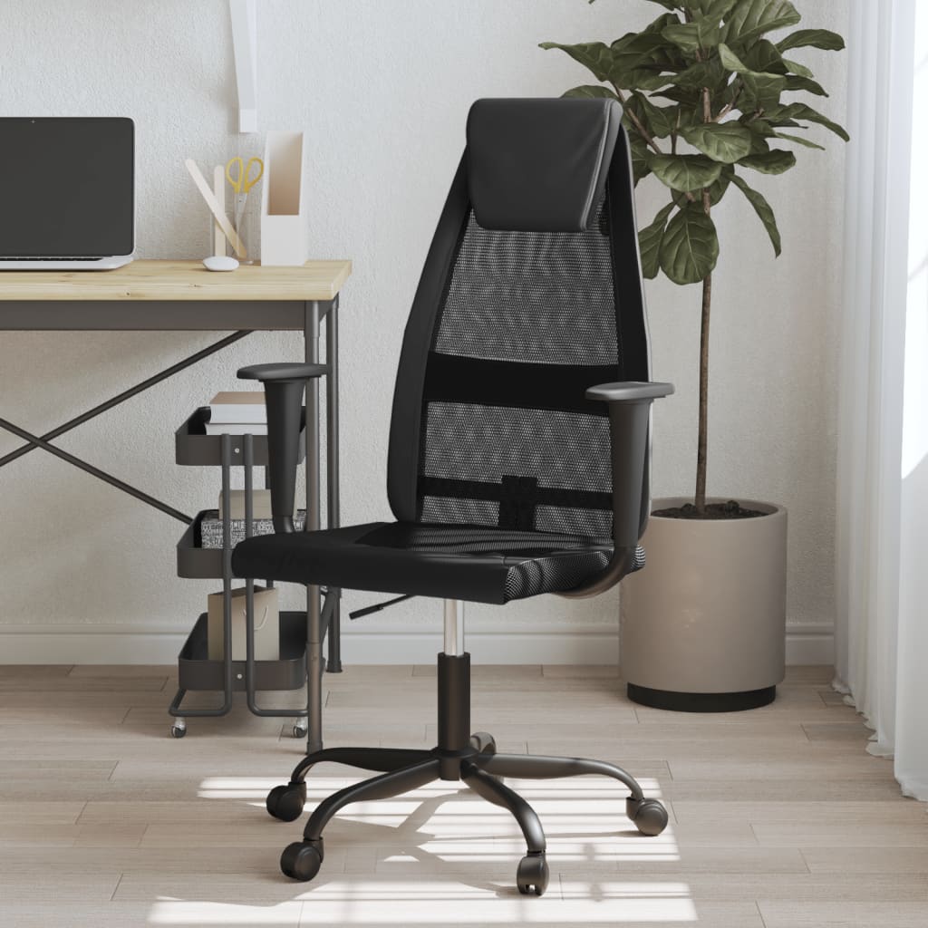 vidaXL Silla de oficina altura ajustable tela malla y cuero PE negro