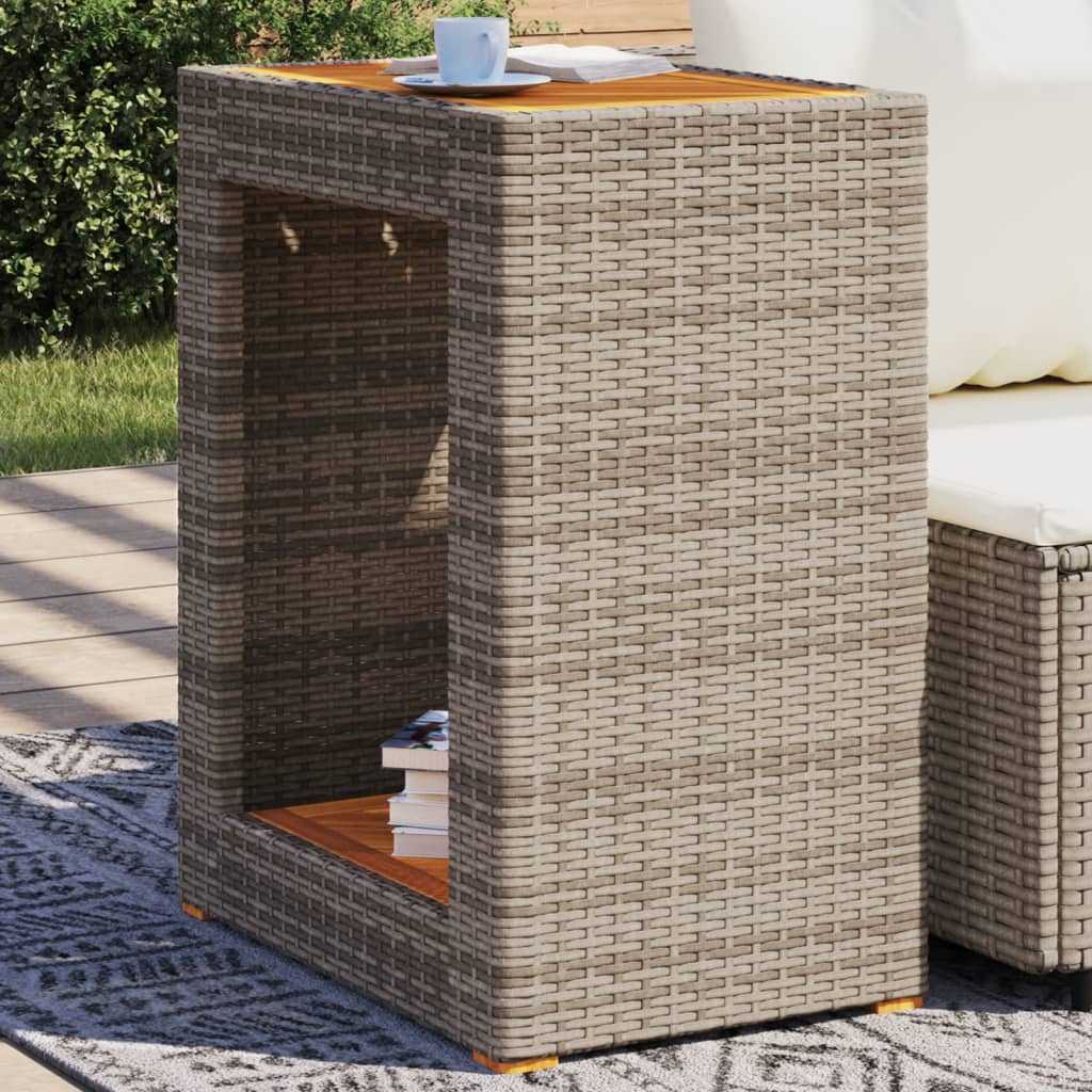 vidaXL Mesa auxiliar jardín tapa madera ratán PE gris 60x40x75 cm