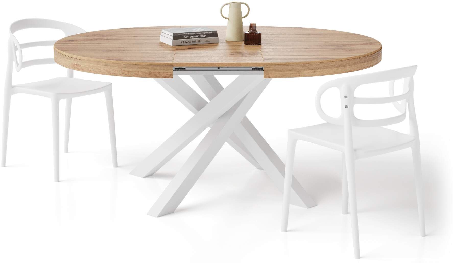 Mobili Fiver Mesa redonda extensible Emma 120-160 cm en color madera rústica con patas cruzadas blancas