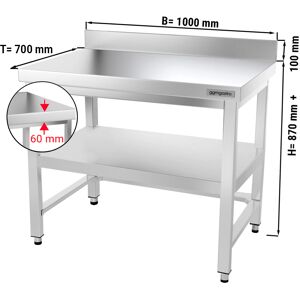 GGM GASTRO - Table de travail en inox PREMIUM - 1000x700mm - avec fond de base, rebord & contreventement