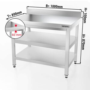 GGM GASTRO - Table de travail en inox PREMIUM - 1000x800mm - avec plancher de base, rebord & plancher intermédiaire