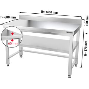 GGM GASTRO - Table de travail en inox PREMIUM - 1400x600mm - avec fond de base, rebord & contreventement