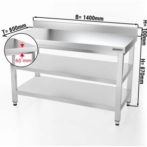 GGM GASTRO - Table de travail en inox PREMIUM - 1400x800mm - avec plancher de base, rebord & plancher intermédiaire